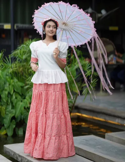 Women's Cotton Tops and Skirt Set with Lace Work and Check Print