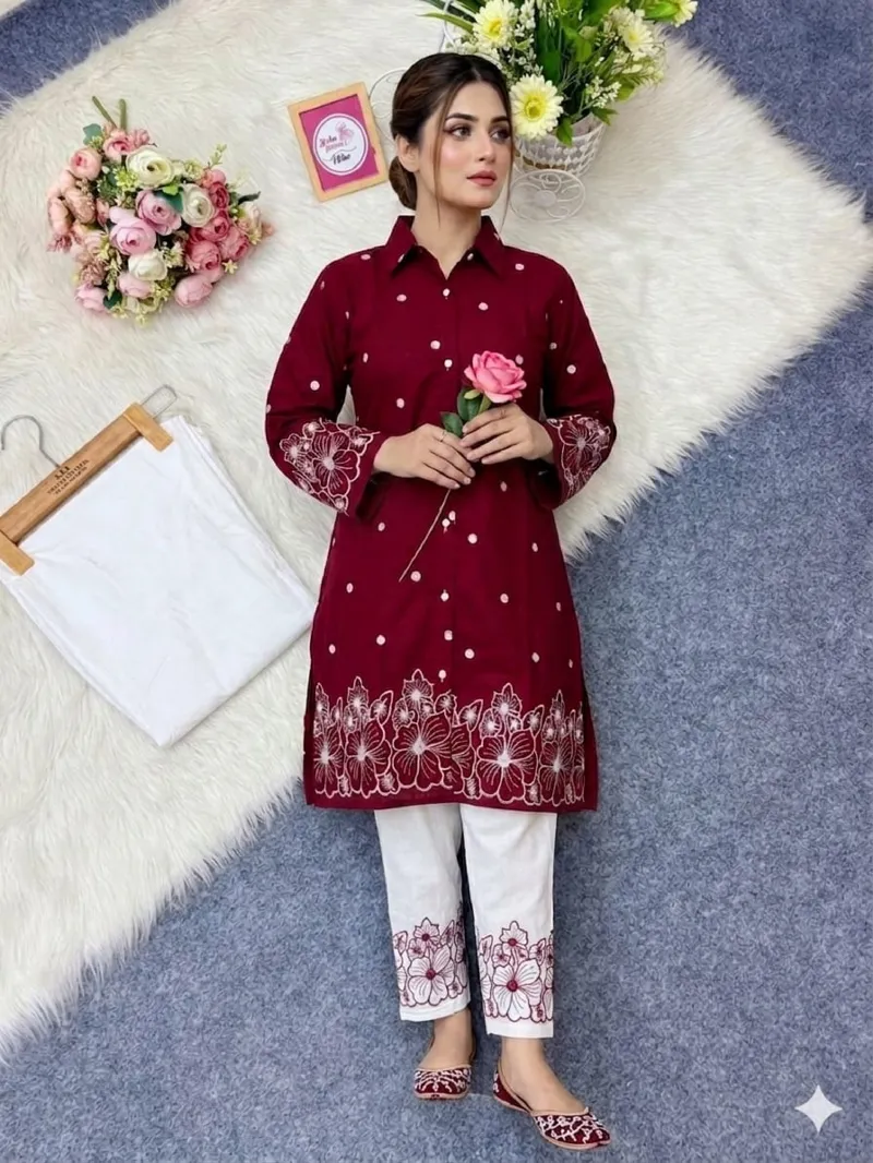 Women's TC Cotton Embroidered Co-Ord Set with Laser Cut Work