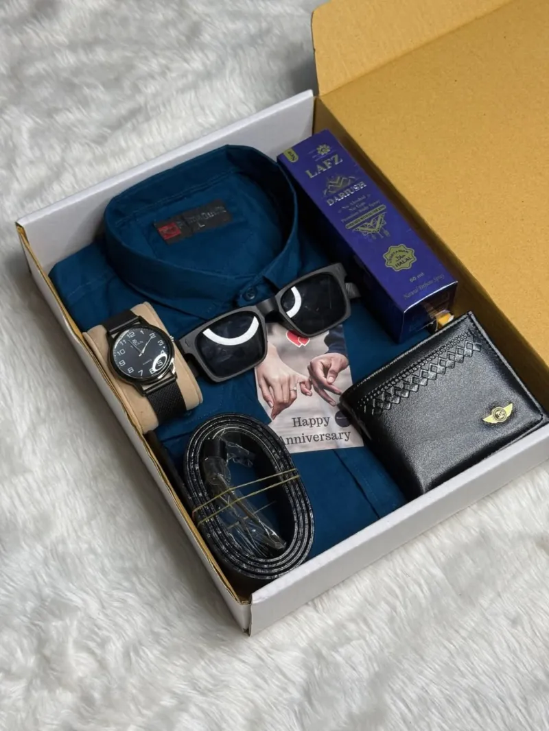 Men's Cotton Shirt Gift Box Set with Belt, Sunglasses and Watch