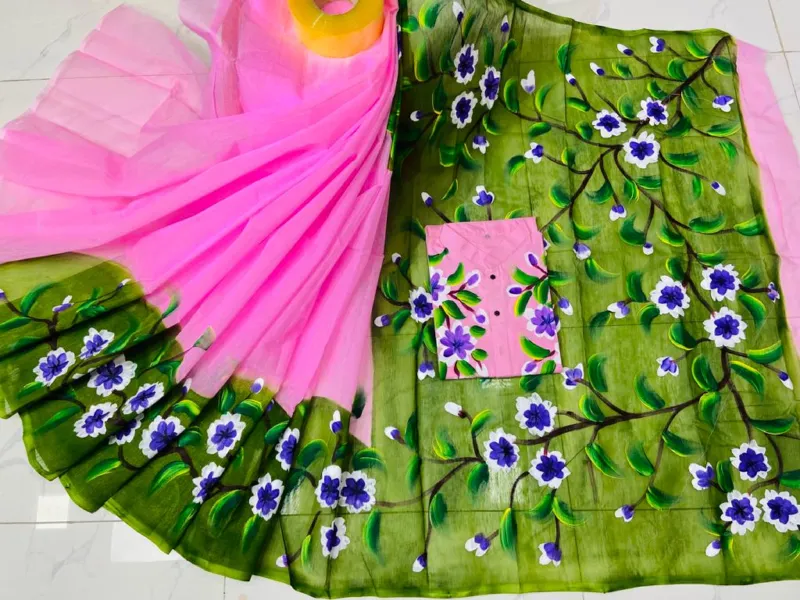 Hand Brush Print Couple Dress, Half Silk Saree and Dhupian Panjabi