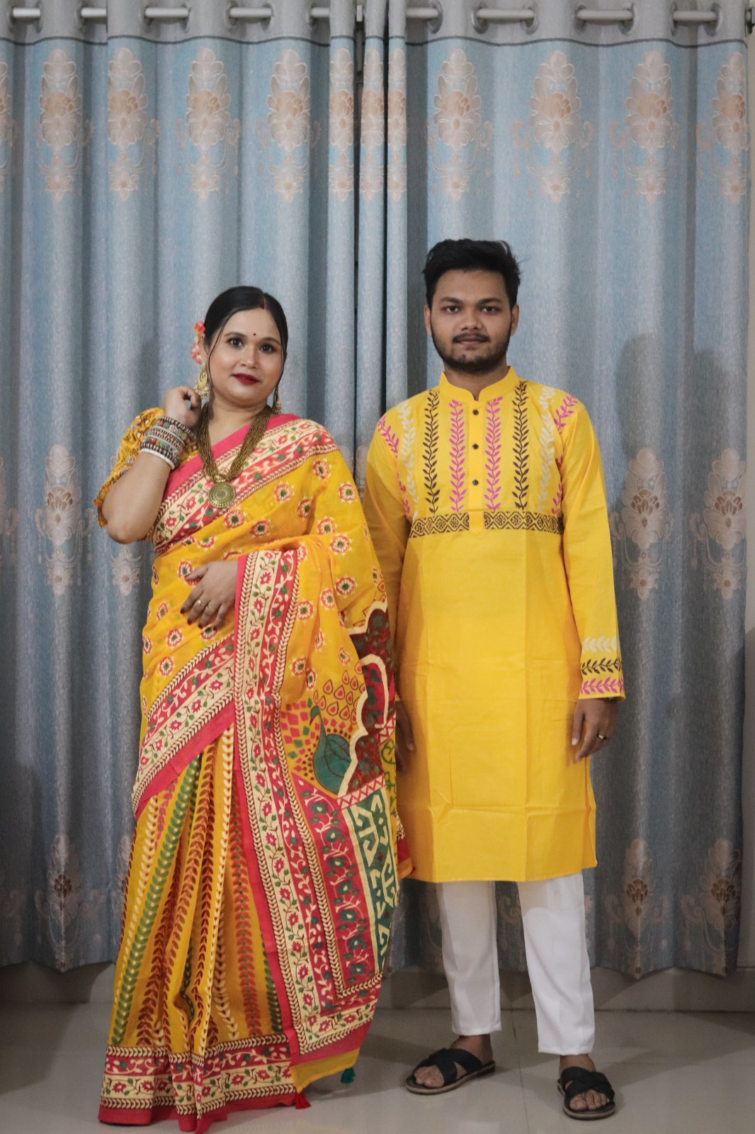 Half Silk Saree and Slub Cotton Panjabi Couple Set, No Blouse