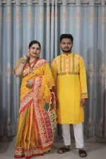 Couple Slub Cotton Panjabi and Half Silk Saree Set, 6 Colours