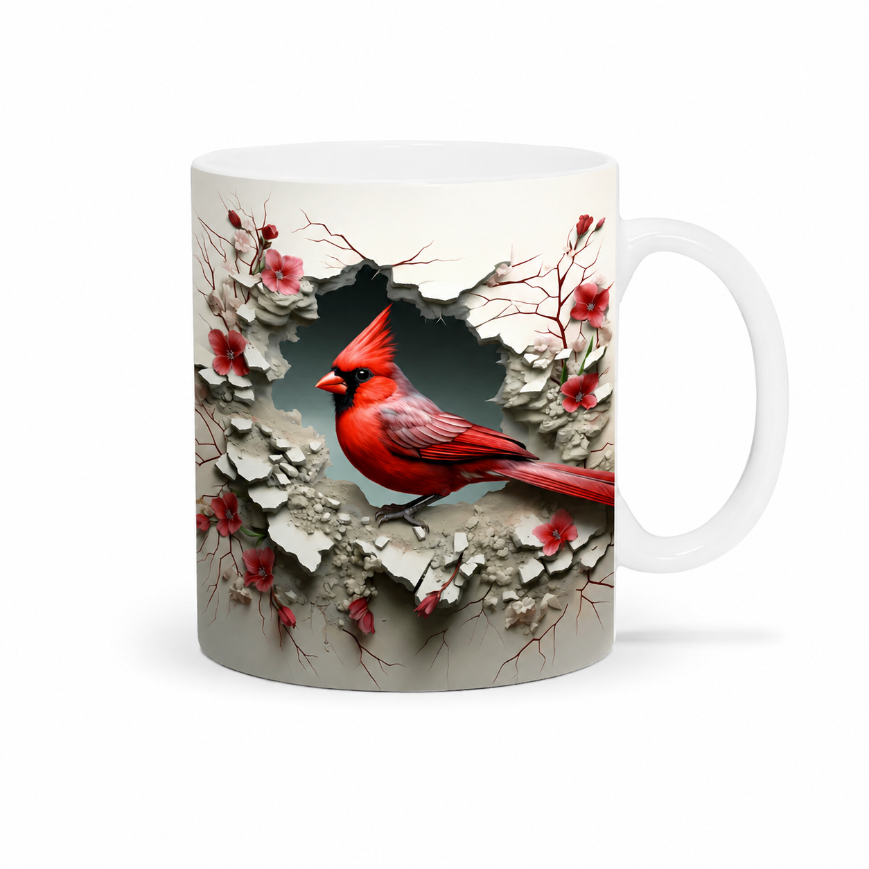 Red Cardinal Bird Ceramic Mug – Premium Wraparound Design Coffee Mug with Floral & Branch Print, Microwave & Dishwasher Safe