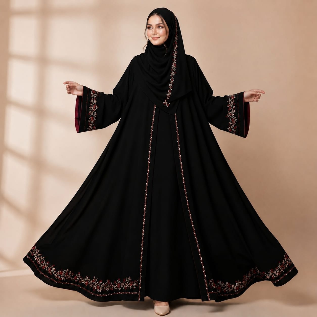 Embroidered Koti Set, Two-Piece with Long-Size Hijab