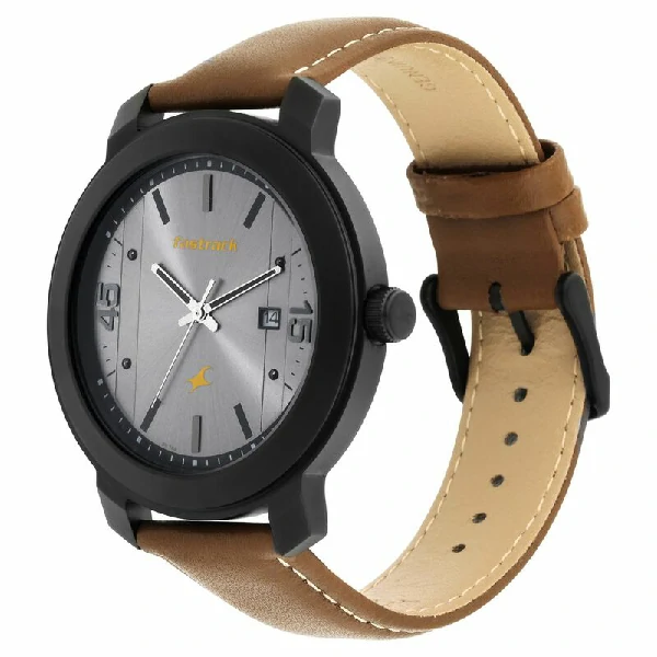 Fastrack NS3246NL01 Bare Basics Quartz Analog with Date Grey Dial Leather Strap Watch