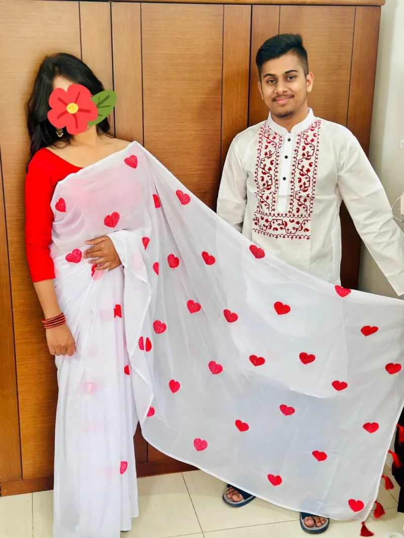 Georgette Embroidery Saree with Dhupian Silk Panjabi, Couple Dress