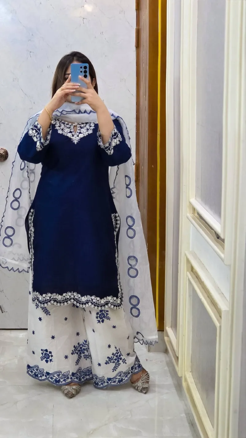 Blue White Design Cotton Garara Dress with Embroidered Georgette Orna