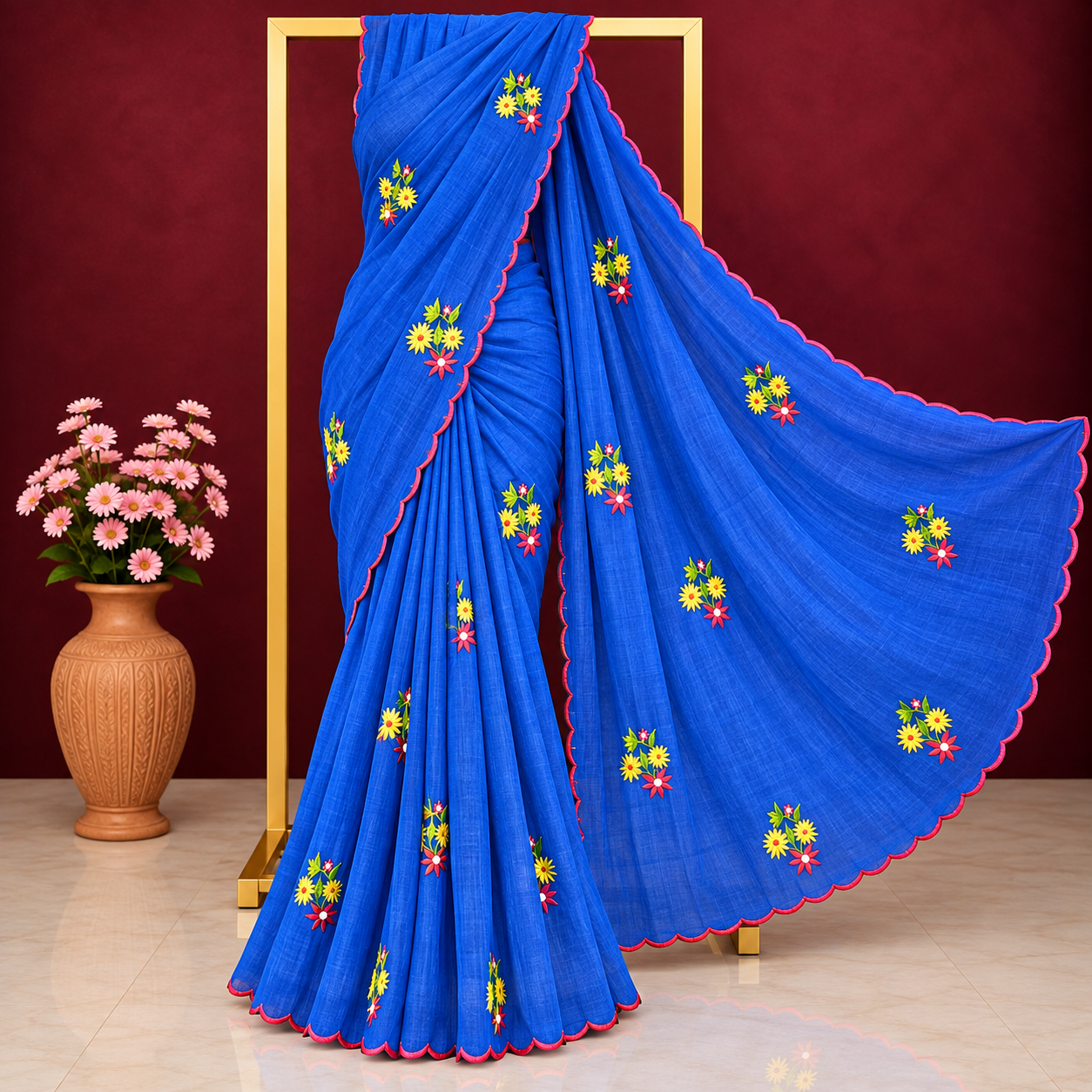Exclusive Royal Blue Cotton Saree with Scalloped Embroidered Border