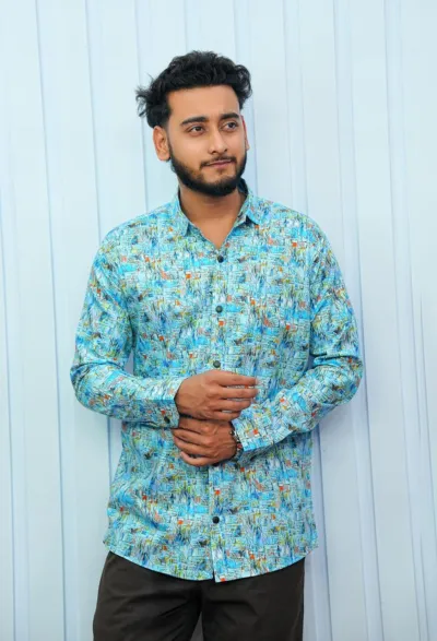 Men's Digital Print Pure Cotton Shirt with Snap Buttons