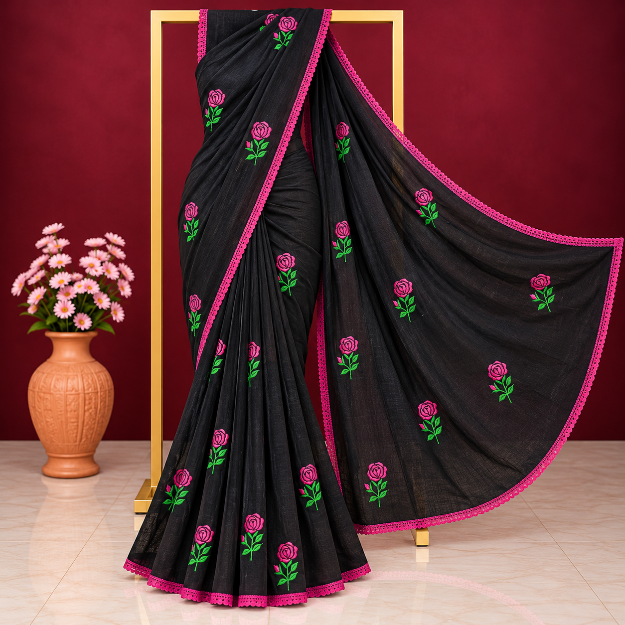 Exclusive glamorous black cotton saree featuring rose embroidery and a lace border.
