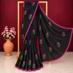 Glamorous Black Cotton Saree with Rose Embroidery & Pink Lace Border