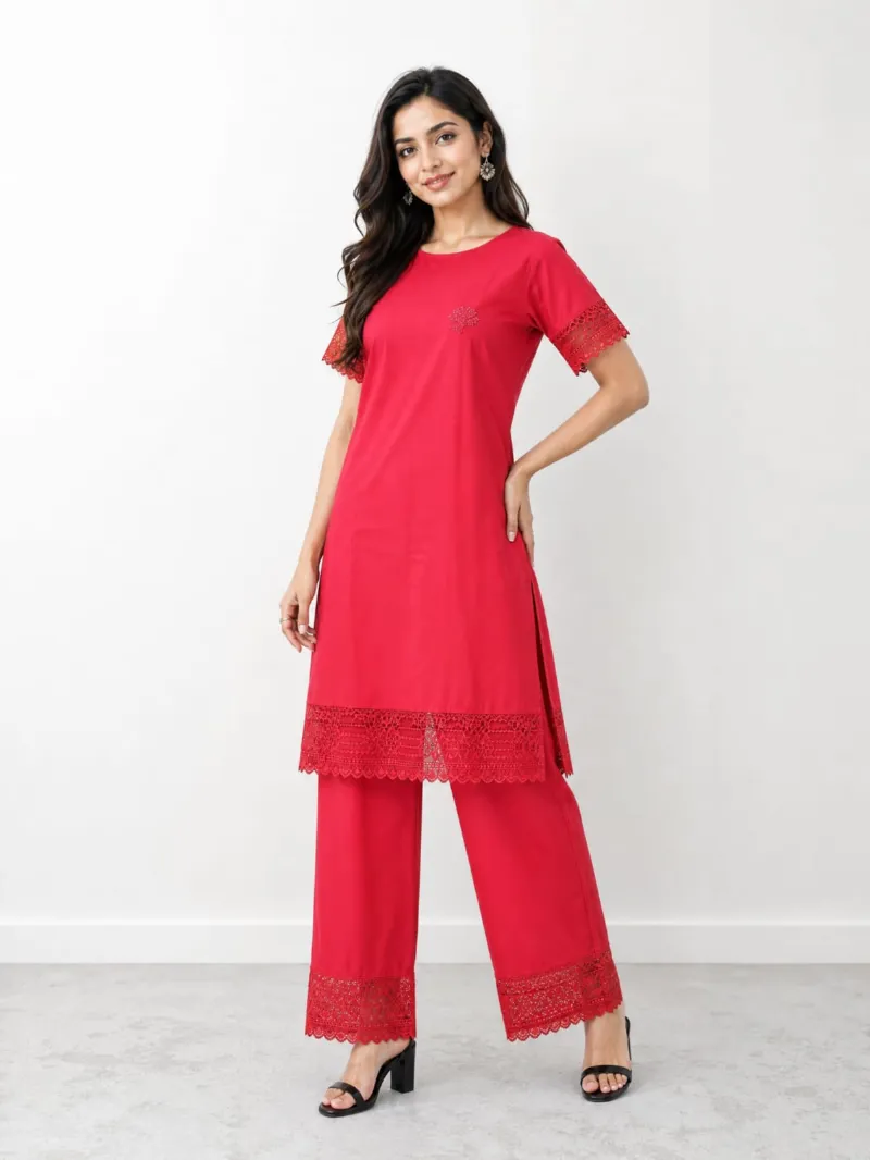 Women's Cotton Long T-Shirt and Pant Set with Lace Trim, Free Size