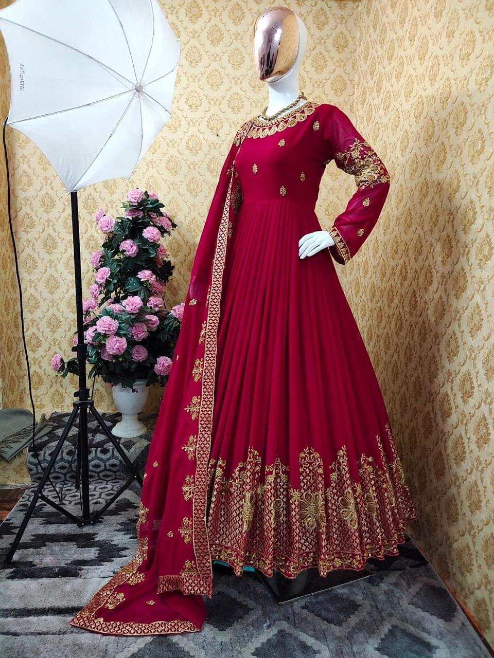 Georgette Embroidered Party Gown with Butterfly Salwar, 52 Inch