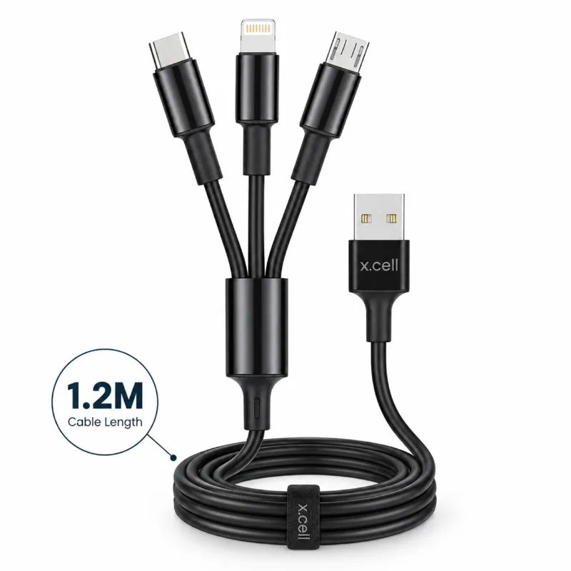 X.Cell 3-in-1 Multi Charging Cable – 1.2M USB-C, Lightning & Micro-USB