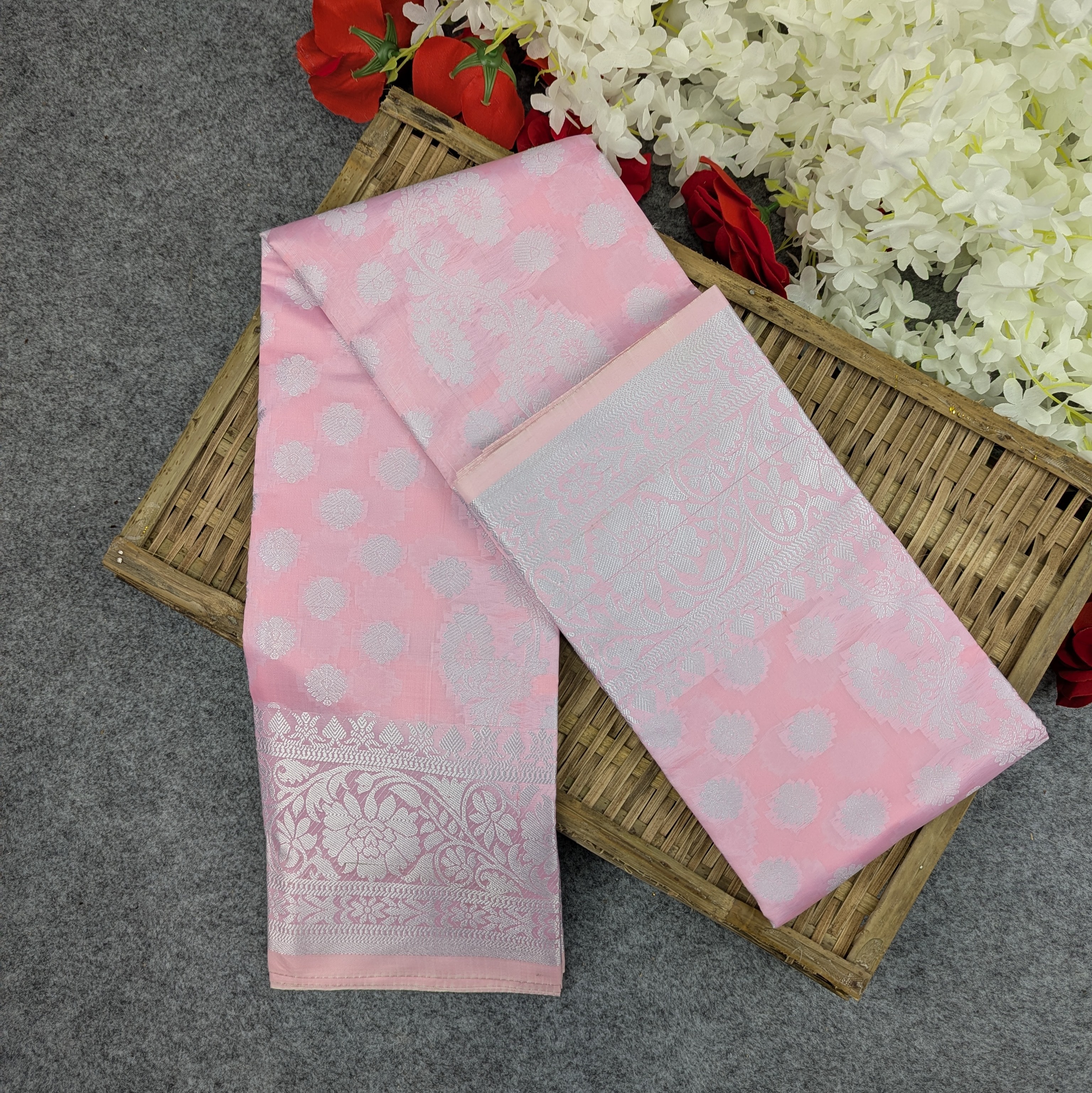 Premium Silk Katan Saree Combo Set - Light Pink