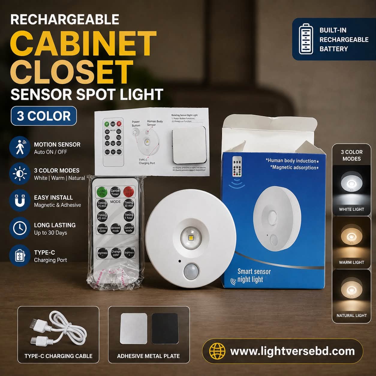 Rechargeable Cabinet Closet Sensor Spot Light