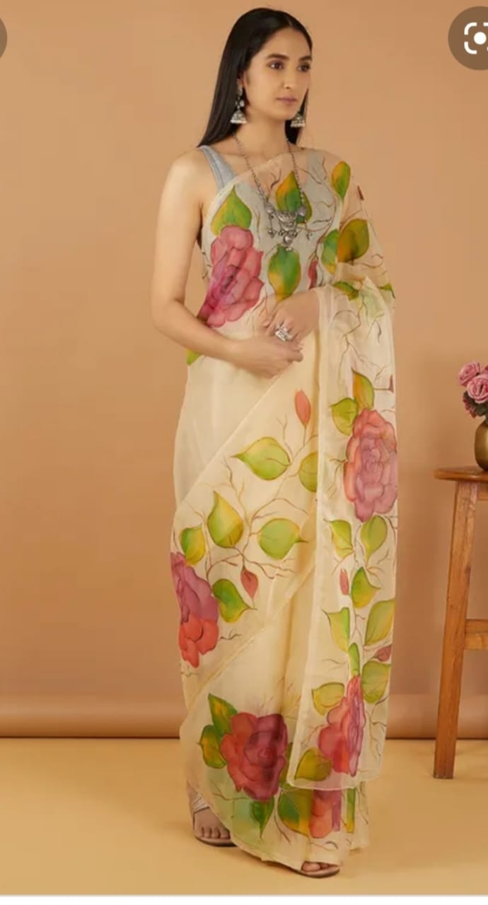 Women's Half Silk Hand Painted Saree with Brush Work