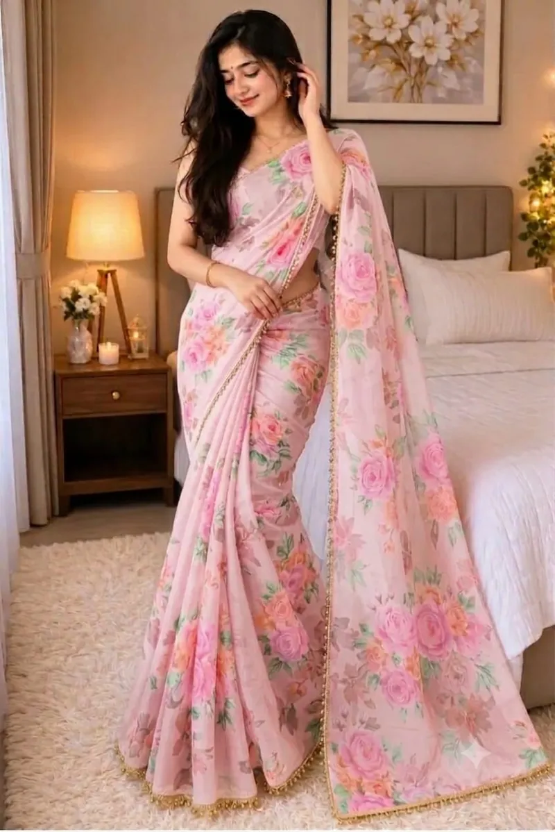 Soft Georgette Saree with Pearl Lace Border and Blouse Piece