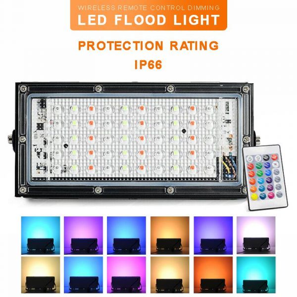 RGB LED Flood Light- Remote Controlled IP65 Waterproof Landscape & Outdoor Lighting (50W, AC220V)– Black Color