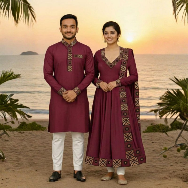 Couple Eid Combo, Panjabi with Pajama and Readymade Gown Three Piece