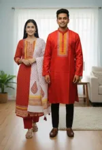 Couple Block Print Three Piece with Dhupian Silk Panjabi, 6 Colours