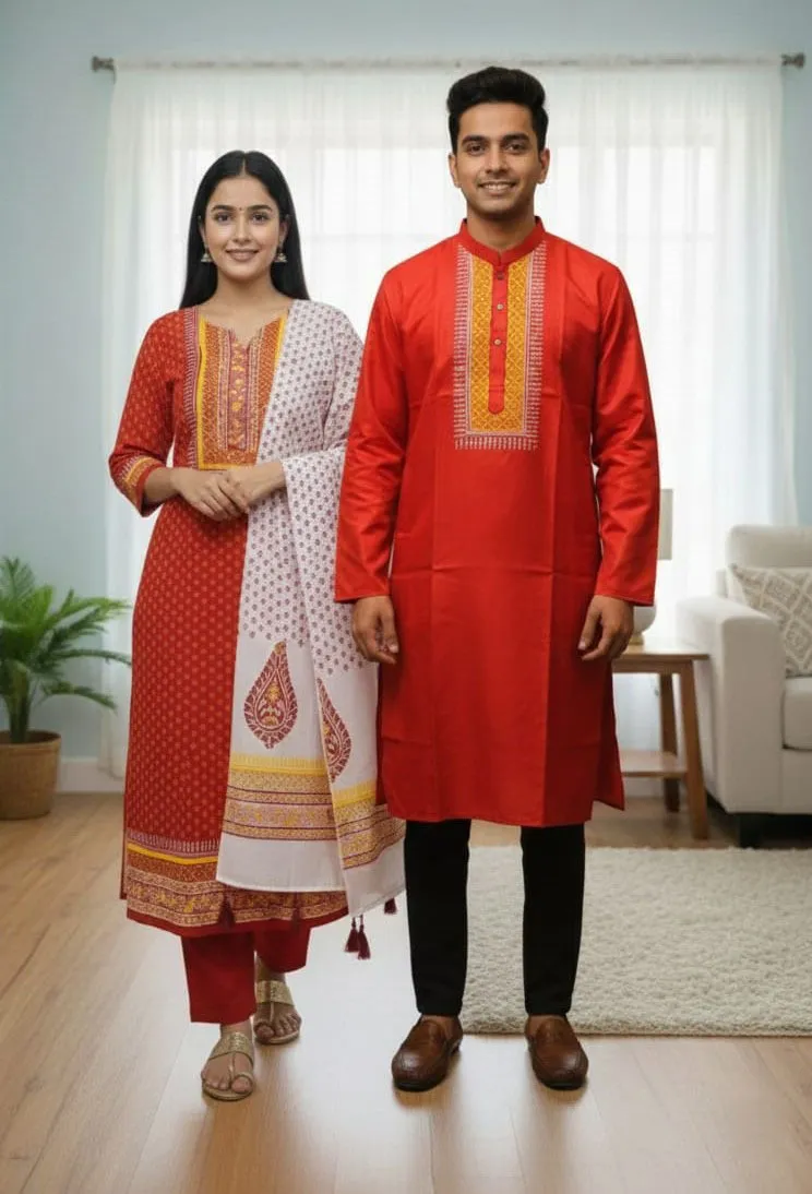 Couple Block Print Three Piece with Dhupian Silk Panjabi, 6 Colours