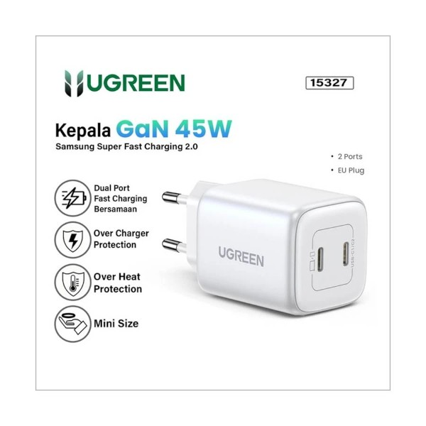 Ugreen Nexode CD294 Dual USB-C 45W GaN White Charger (2 Pin, EU)