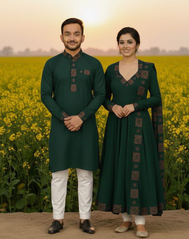 Couple Eid Combo, Panjabi with Pajama and Readymade Gown Three Piece