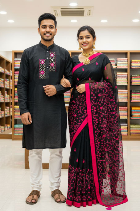 Couple Set: Embroidered Half Silk Saree and Slub Cotton Panjabi