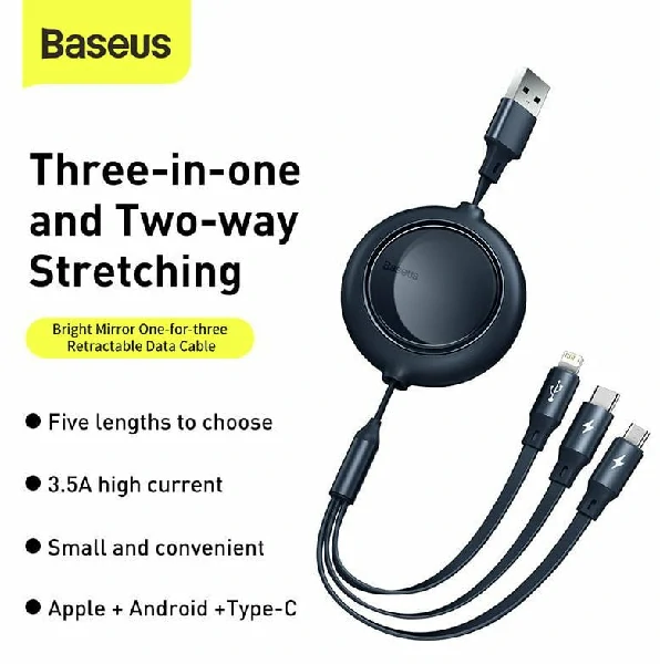 Baseus Bright Mirror 2 Series Retractable 3-in-1 Fast Charging Data Cable USB to M+L+C 3.5A