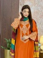 Linen Sequin Embroidery Three Piece with Butter Silk Salwar