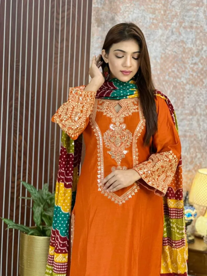 Linen Sequin Embroidery Three Piece with Butter Silk Salwar