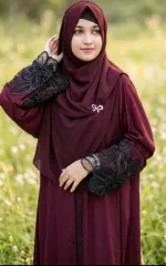 Lace Work Abaya Borka in Cherry Fabric, 3 Colours
