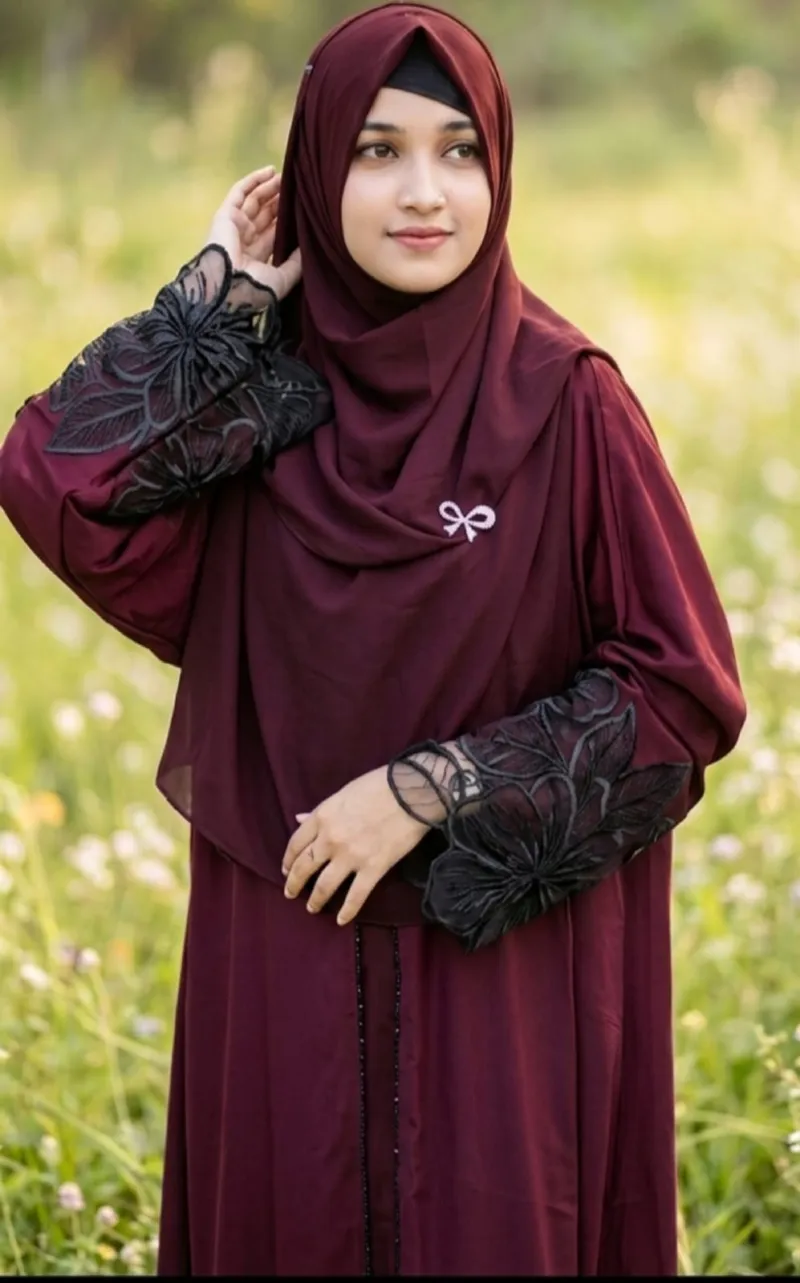 Lace Work Abaya Borka in Cherry Fabric, 3 Colours
