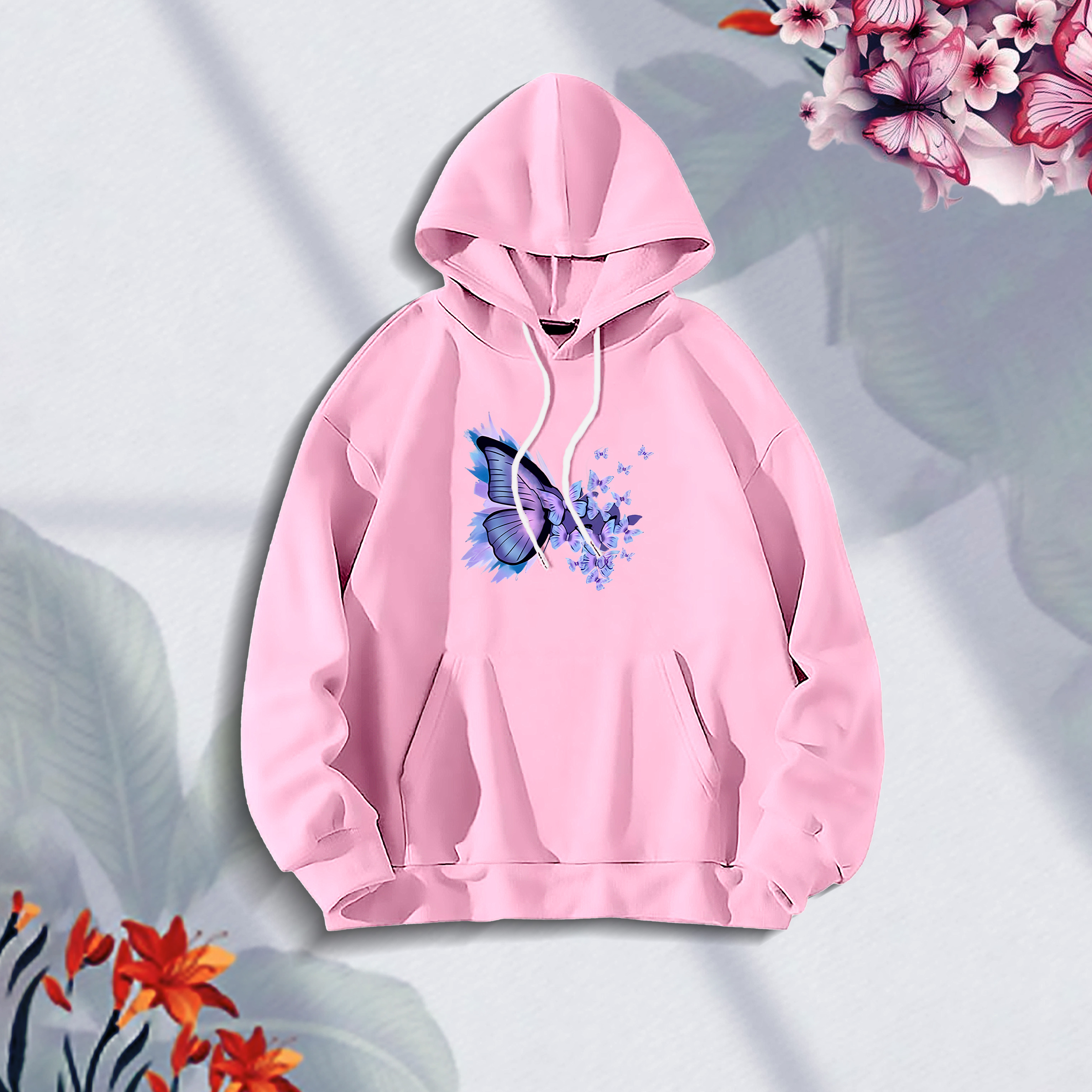 Premium Comfortable (Purple Butterflies-Pink) Ladies winter hoodie