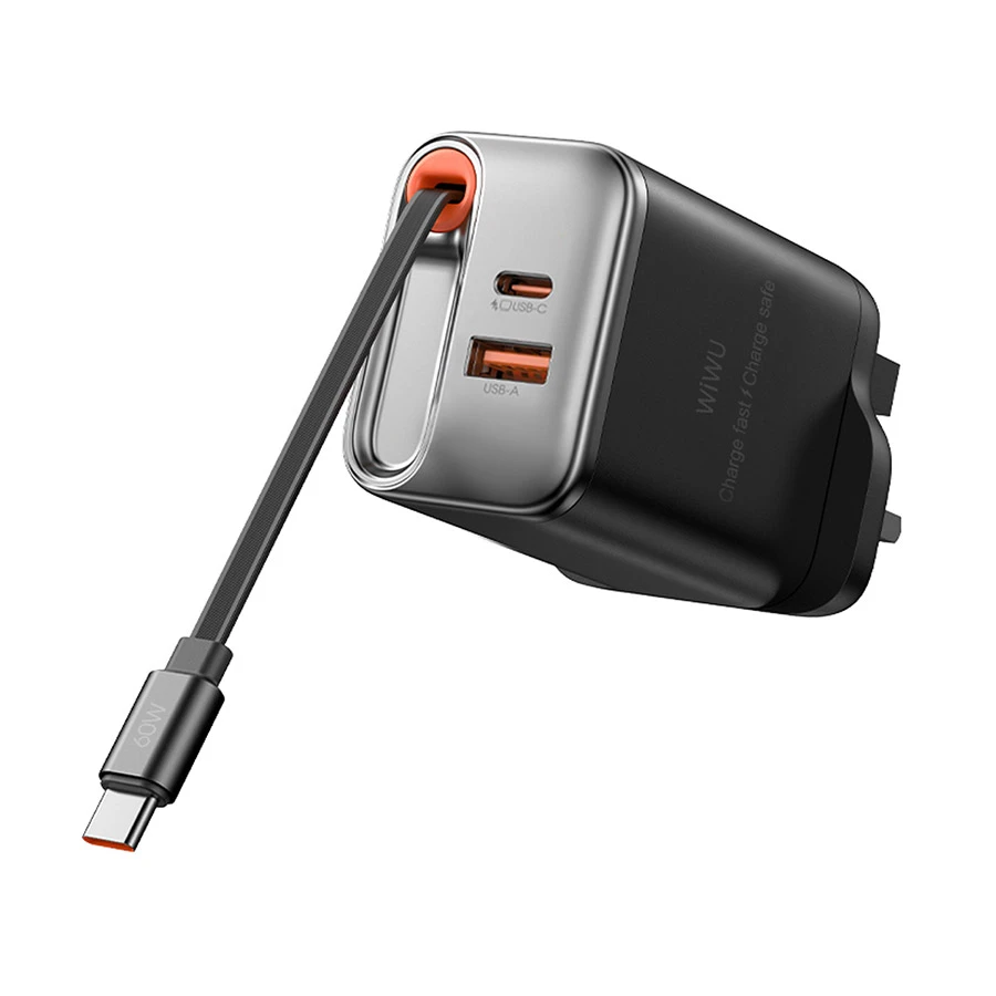 WiWU Wi-G020 67W GaN Charger with Retractable USB-C Cable Black (UK)