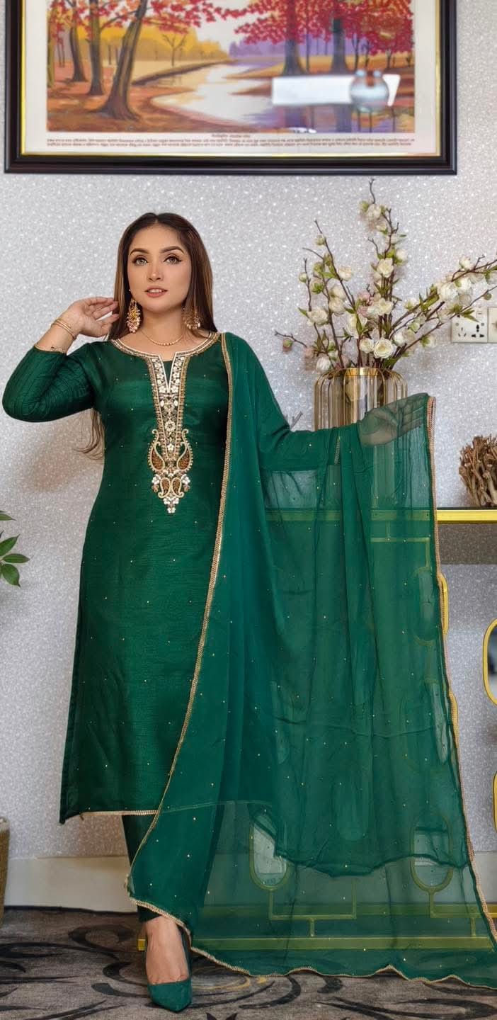 Topeto Silk Three Piece with Stone Work Embroidery, Sizes 42 and 44