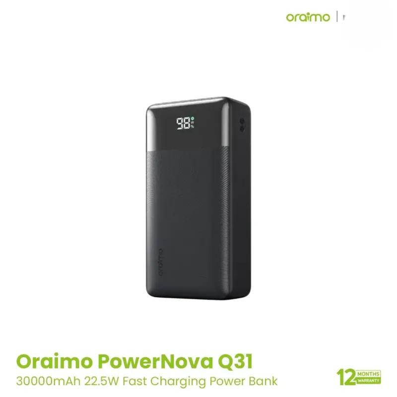 Oraimo PowerNova Q31 30000mAh 22.5W Fast Charging Power Bank, Black
