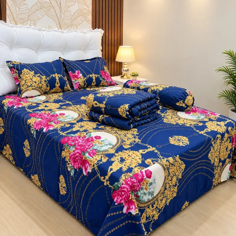 Quilted Comforter and Bed Sheet Set in Pure Twill Cotton, 5 Pieces