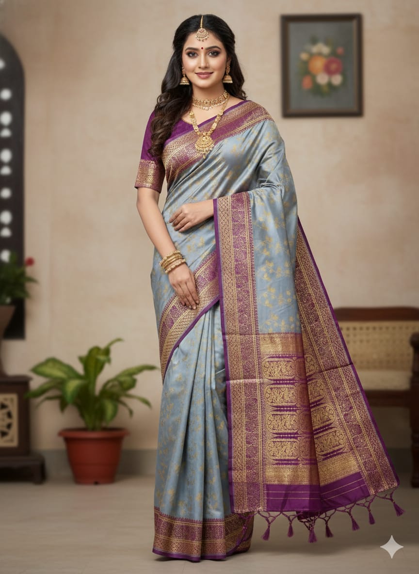 Kashmiri Work Katan Saree with Buti Design, Without Blouse Piece