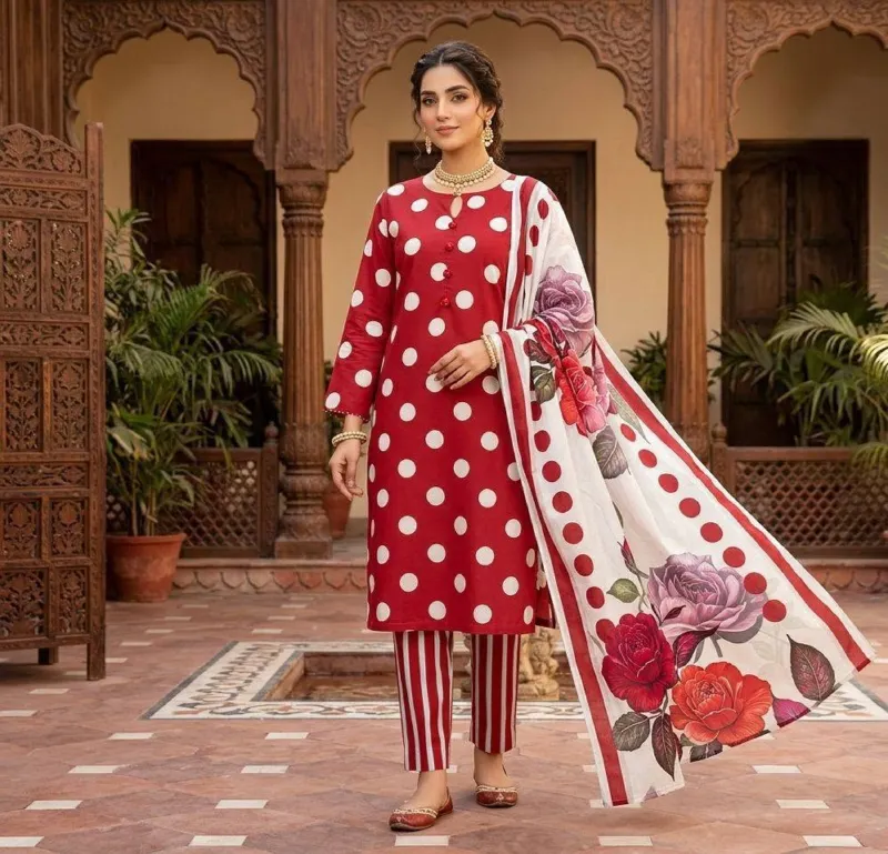 Women's Screen Print Three Piece, AC Cotton Kameez, Sizes 38 to 44