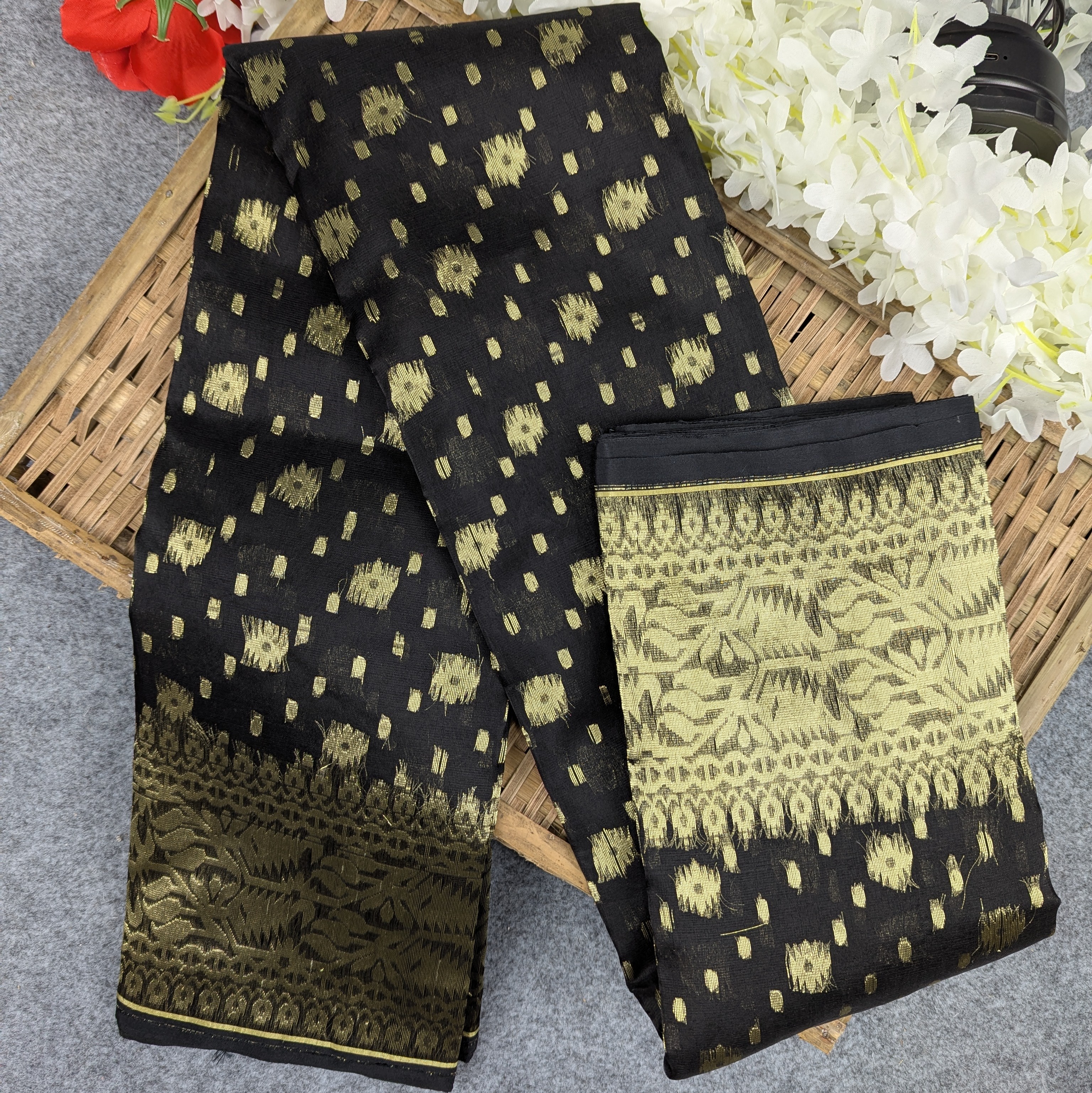 Premium Half Silk Jamdani Saree Combo Set - Black