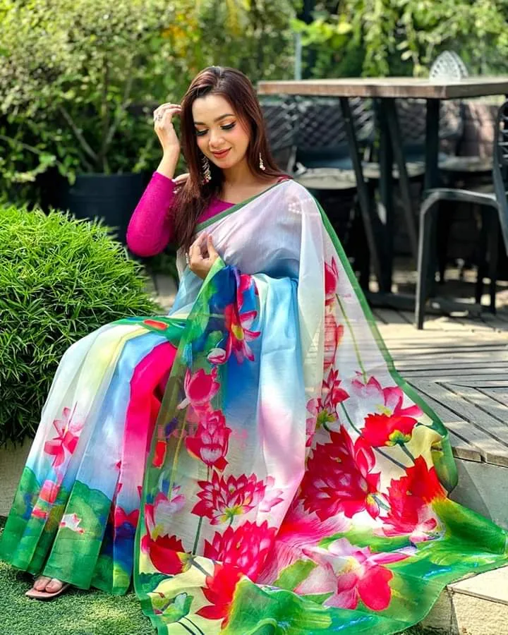 Chanderi Silk Digital Print Saree, 4 Colours