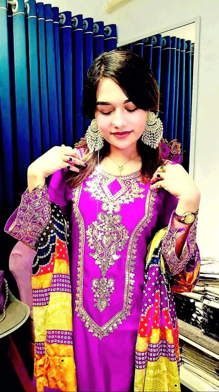 Linen Embroidery Sequin Three Piece with Butter Silk Salwar