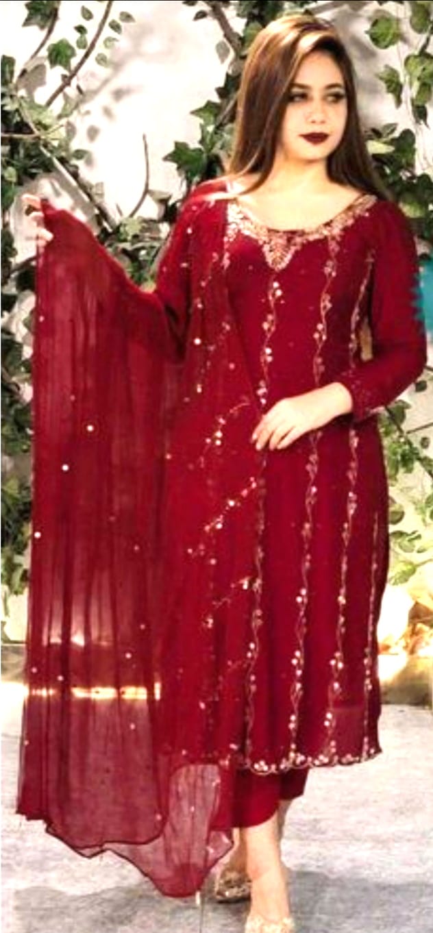 Karchupi Three Piece with Stone Work Orna, 45 Inch Kameez