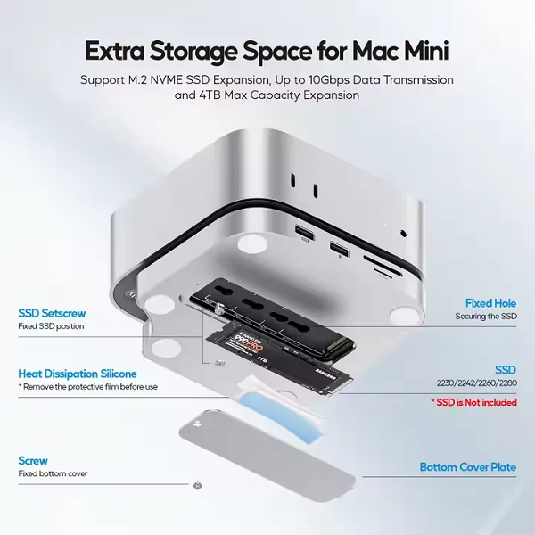 PULWTOP Mac mini M4/M4 Pro Hub Stand Dock with External Storage Upgrade M.2 SSD Enclosure(SSD NOT Included)