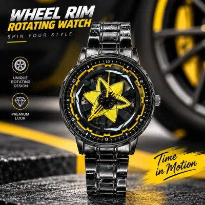 360° Rotating Car Wheel Rim Quartz Watch – Matte Black Sports Wristwatch