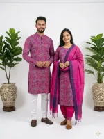 Couple Slub Cotton Three Piece and Panjabi Set, Screen Print