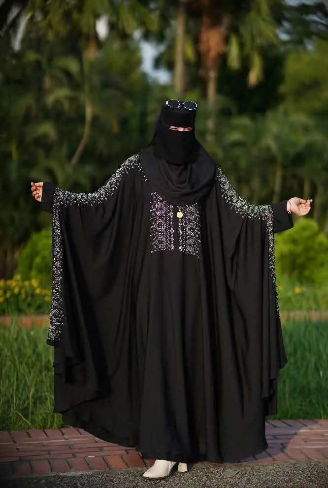 Arabia Stone Work Abaya with Hijab, Cherry Fabric