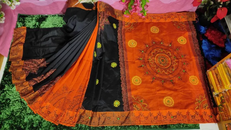 Dhupian Silk Sari with Block Print and Embroidery for Women